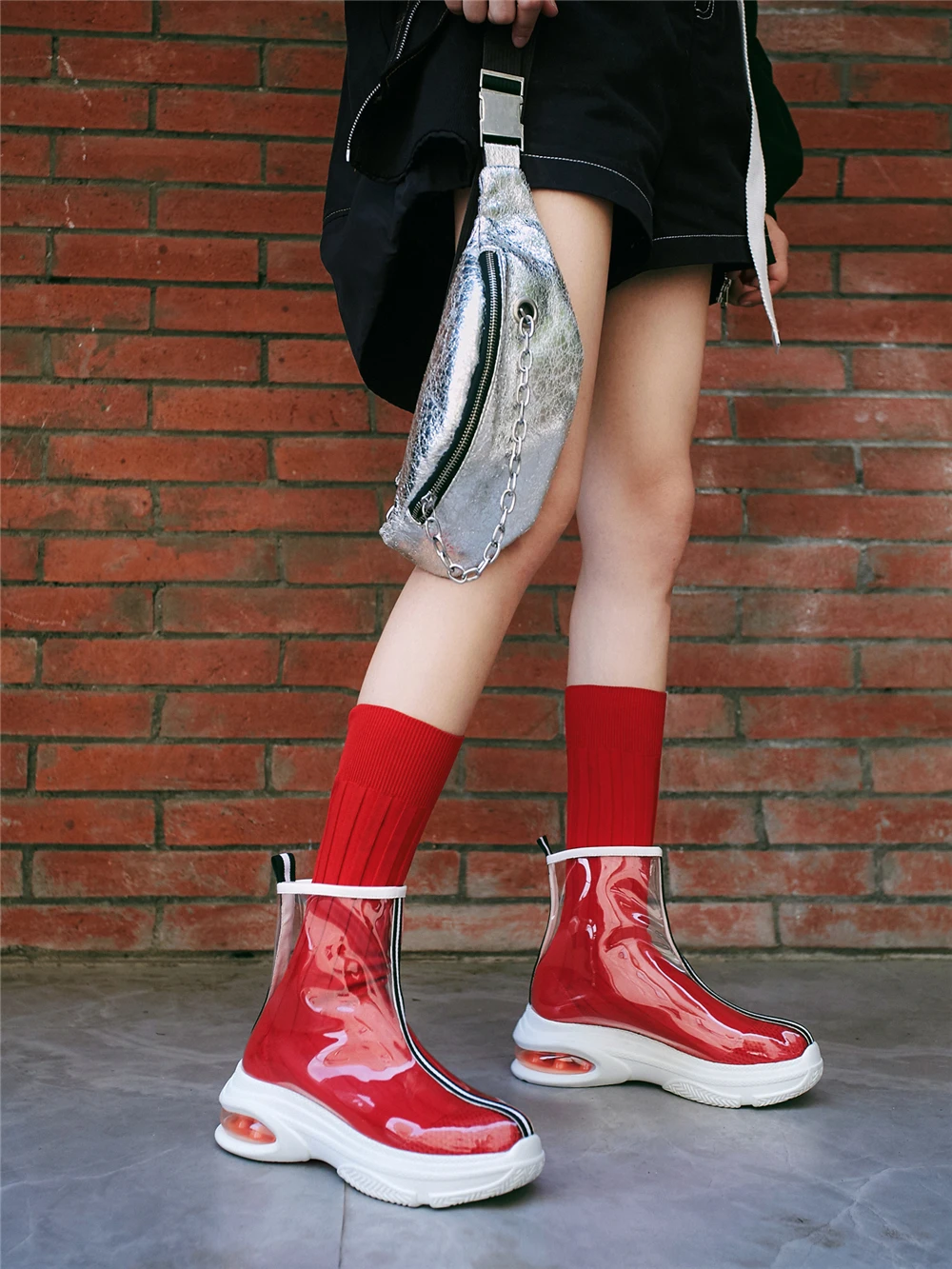 BuonoScarpe/женские лоскутные носки без шнуровки; модные ботинки с круглым носком из пластика; носки на платформе и каблуке; эластичные вязаные ботинки