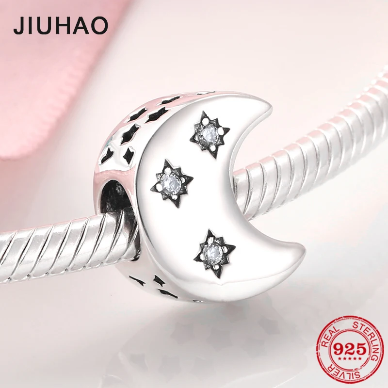 

New 925 Sterling Silver Fashion Moon shape Clear CZ Beads Jewelry Making Fit Pandora Bracelets Necklace Jewelry Making