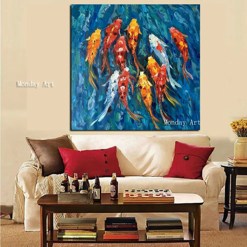 

Large best Handpainted Goldfish Oil Painting Modern Animal Fish carp Painting For Home Decoration Wall Art Chinese koi Picture