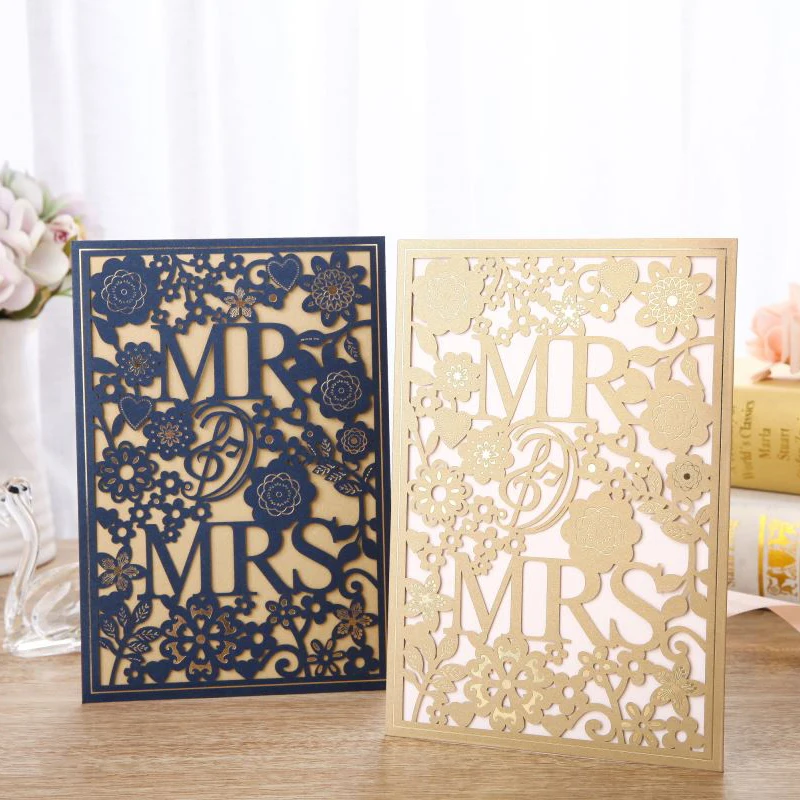 50pcs White Gold Blue Laser Cut Wedding Invitations Card MR&MRS Elegant Greeting Cards Envelopes Wedding Party Favors Decoration