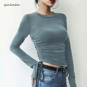 

yinlinhe Blue Drawstring elasticity Slim Tops Women Long Sleeve Sexy Spring autumn t shirt women o neck pullovers female 672