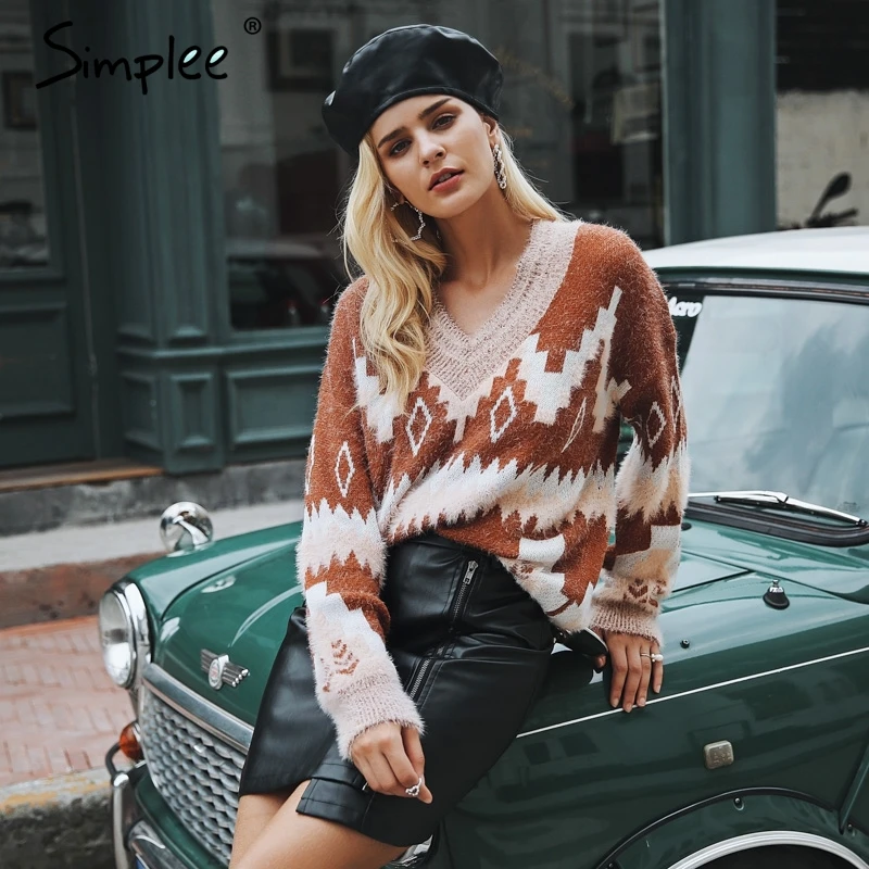Simplee Christmas v neck geometric women sweater Casual long sleeve fashion pullover female 2018 Autumn winter jumpers