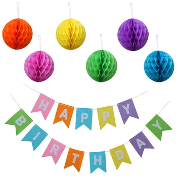 

Children's birthday party arrangement Flash gold letter Lahuala flag Colorful honeycomb ball paper lanterns Set