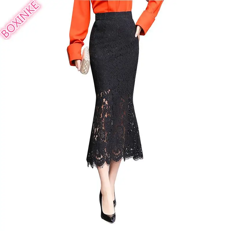 

Saia New Real Faldas Maxi Skirt Spring And Summer 2019 Lace Fishtail Lotus Leaf Hemisphere Mid-length With Hip-wrapped One Step