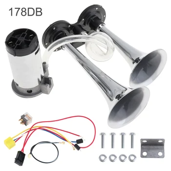 

12V 178dB Super Loud Car Air Horn Tubes Dual Tone Air Horn Set Trumpet Compressor with Wires Relay for Motorcycle Car Boat Truck
