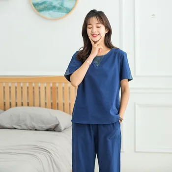 

Women's pajamas summer Woven cotton Pajama set Short sleeve trousers