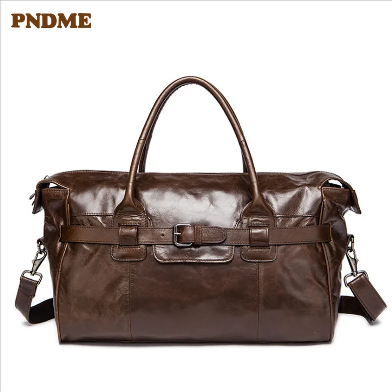

PNDME vintage genuine leather men's travel bag soft top layer cowhide large capacity duffle bag weekend bag handbags for men