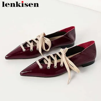 

Lenkisen pretty girls concise princess style genuine leather art design hot sales loafers lace up pointed toe ballet flats L78