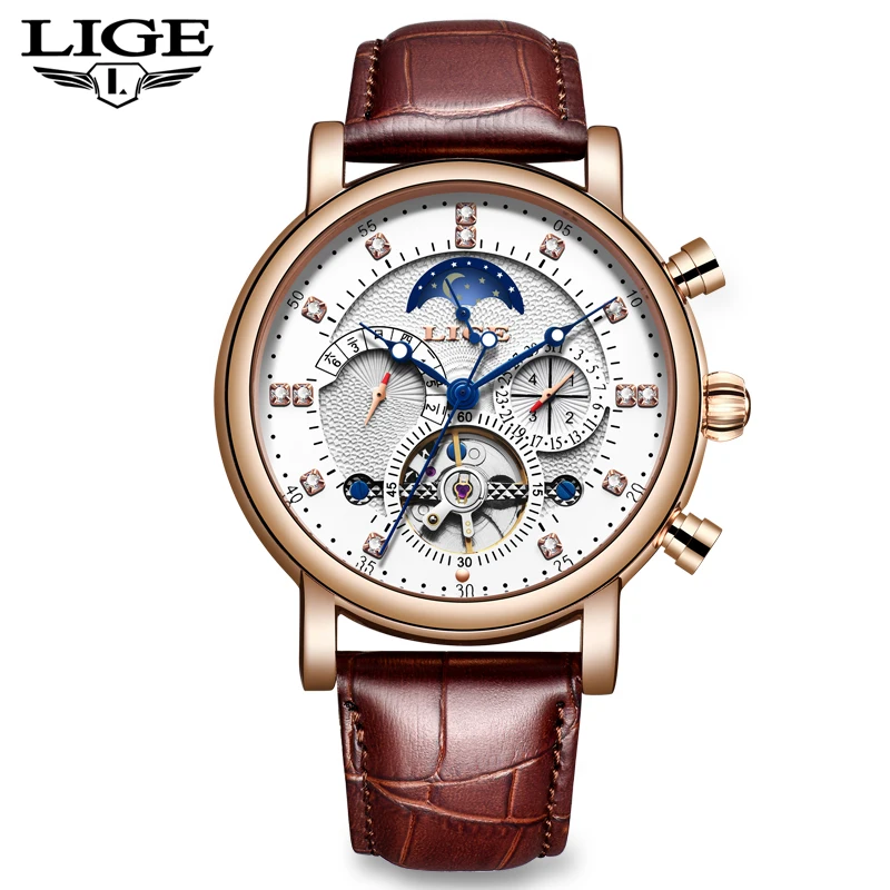 

LIGE Mens Watches Tourbillon Fashion Sport Automatic Watch Men Net with Moon Phase Waterproof Mechanical Watch Relogio Masculino