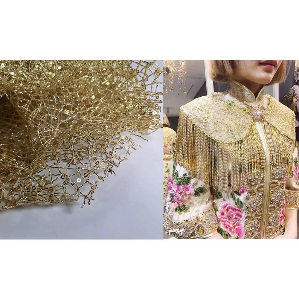 

Fashion Rope Weaving Hollow Sequins Texture Mesh Wedding Dress Fabric Decorative Gold Designer Creative Clothing Fabric