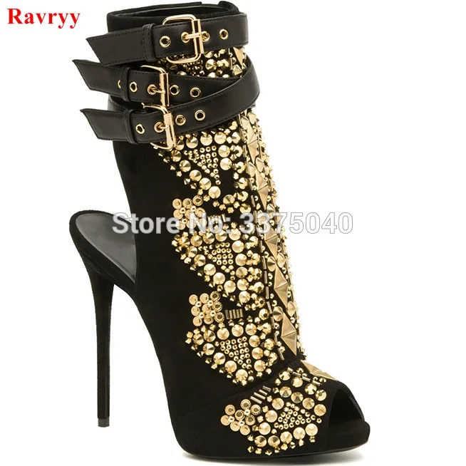 

Women Gladiator shoes Rivets Summer Ankle Boots Womens Peep Toe Sandals boot High Heel Pumps ladies Black booties 2022 New