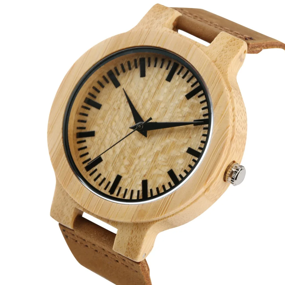 2019 Unique Wooden Fashion Watch Men Leather Band Lightweigt Handmade Men Wristwatch Quartz Movement Bamboo Wood Case Men Watch