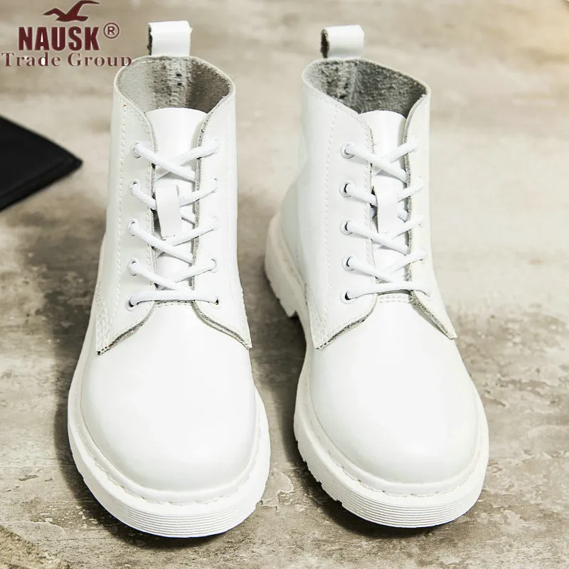 

NAUSK 2019 New Genuine Leather Martin boots female England white boots low-heeled flat boots couple motorcycle women's boots