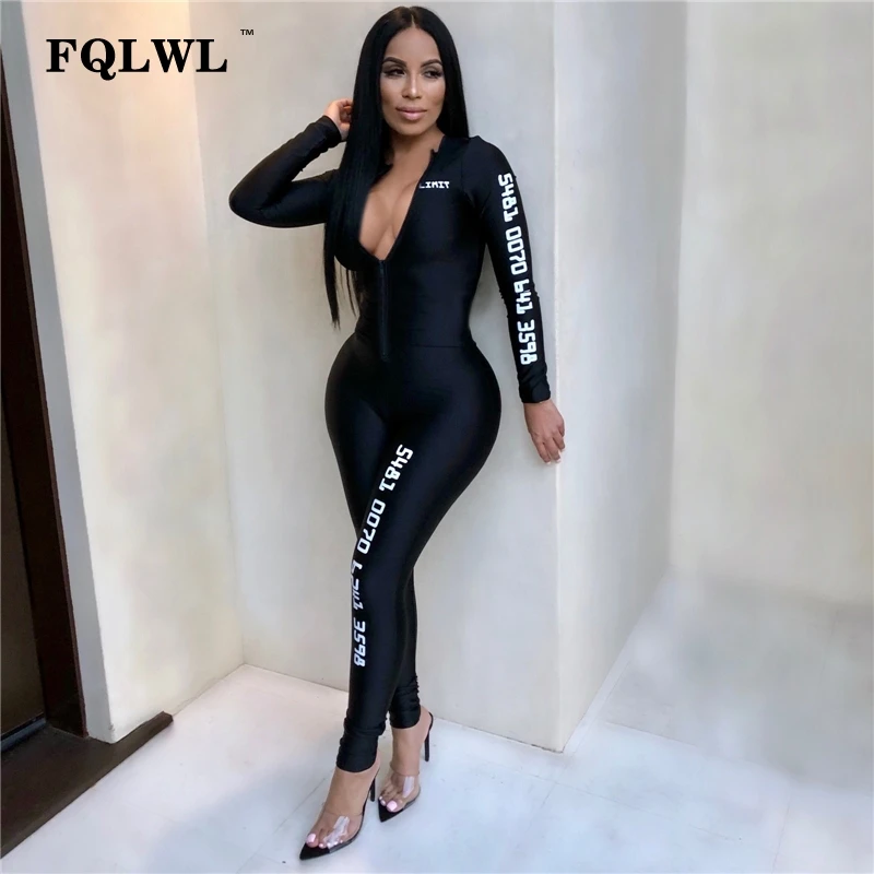 FQLWL черный облегающий женский комбинезон с длинным рукавом для женщин, комбинезон с буквенным принтом на молнии, обтягивающие женские комбинезоны