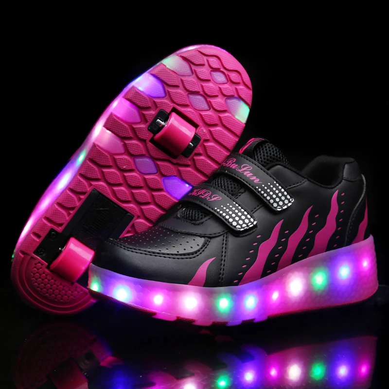 Светящиеся кроссовки с двумя колесами; Цвет черный, красный; светодиодный световой ролик; обувь для катания на коньках; детская обувь с подсветкой; обувь унисекс для мальчиков и девочек