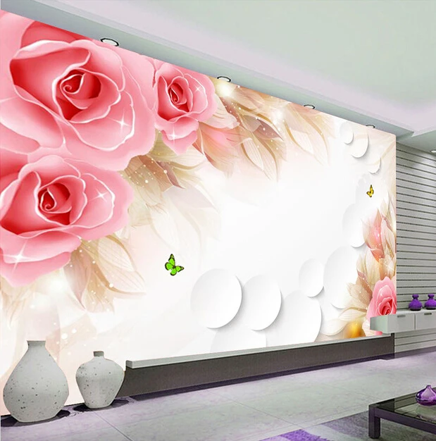 

Custom 3D wallpaper, pink rose and butterfly mural for the living room bedroom TV background wall vinyl papel de parede