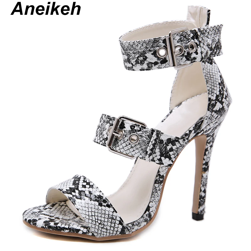 

Aneikeh Retro PU Women Sandals Ankle Strap Serpentine Thin High Heels Round Toe Buckle Cover Heel Fluorescent Green Grey Size 40
