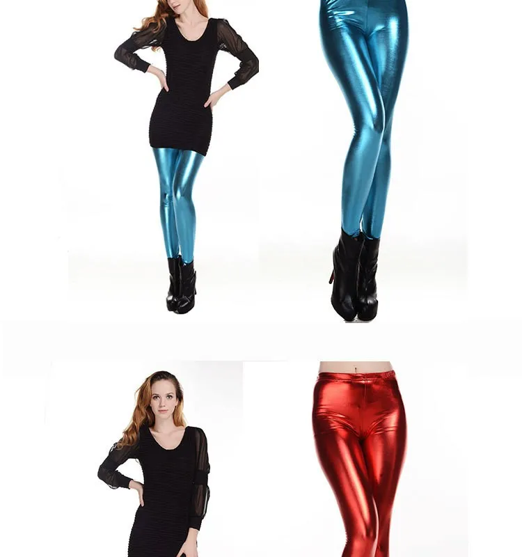 Женская одежда, одежда с высокой талией, одноцветные леггинсы из искусственной кожи, леггинсы ярких цветов для фитнеса, женские сексуальные леггинсы металлического цвета GL1601
