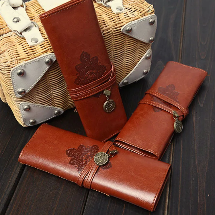 

vintage PU leather roll up school pencil case fashion Tie rope pencil bag tationery material escolar 3039