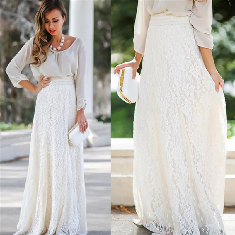 New Fashion 2018 Summer style skirts womens Lace Double Layer Pleated Long Maxi Skirt Elastic Waist Skirt Femme Saia Y05#N (11)