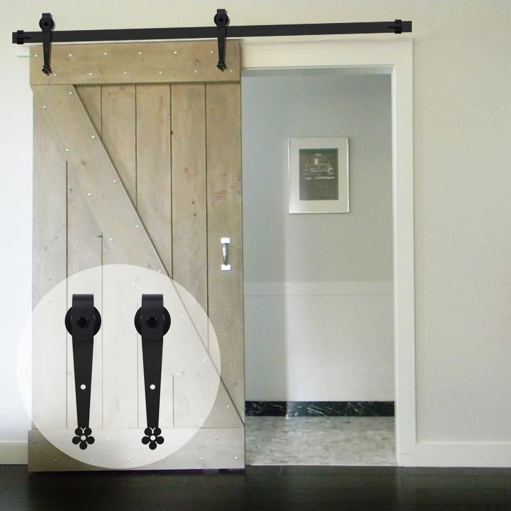 LWZH 14ft/15ft Black Country Style Carton Steel Plum Flower Sahped Sliding Barn Door Closet Door Hardware Kit for Single Door
