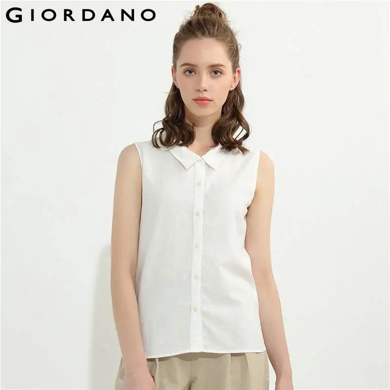 

Giordano Women Blouse Women Solid Linen Cotton Vest Shirt Women Sleeveless Bands Young Lady Blusas Mujer Long Hem At Back
