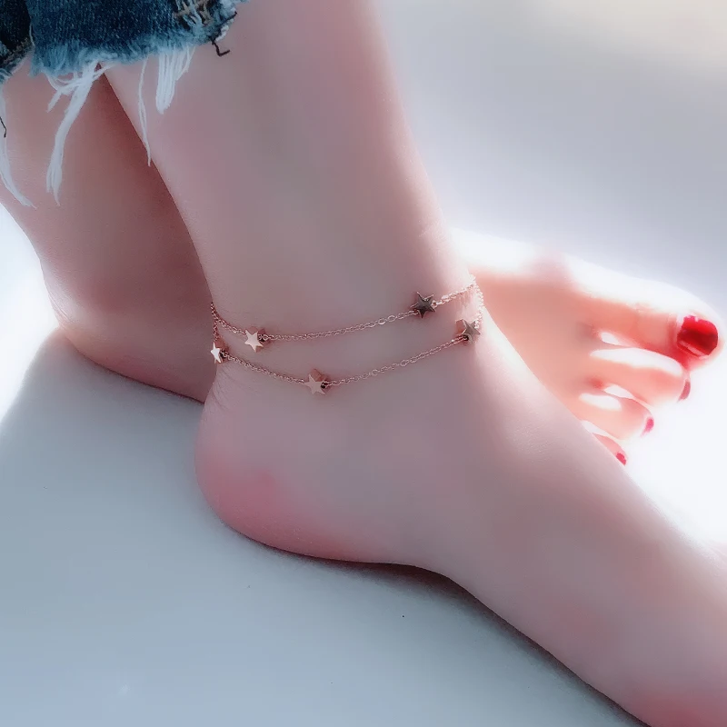 

YUN RUO 2018 Fashion Chic Stars Anklet Chain For Woman Girl Party Gift Rose Gold Color 316L Stainless Steel Jewelry Never Fade