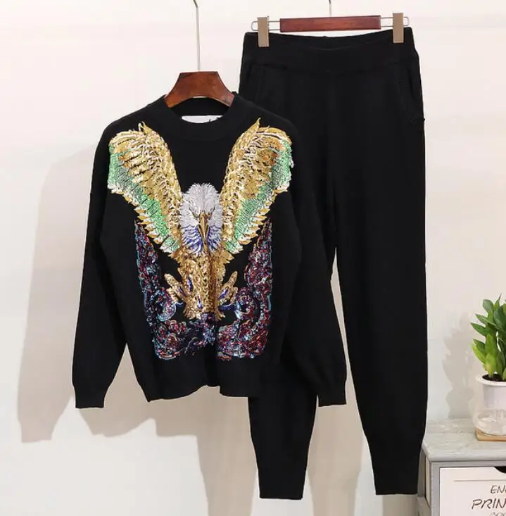 Autumn Knitwear Two Pieces Set Womans Two-piece Suit Sequins Eagle Sweater + Casual Trousers Ladies Knitting Pants Femme |