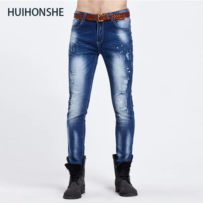 

HUIHONSHE Cotton straight fashion men jeans casual elegant European style is simple jeans men solid biker jeans Size 30 32 34 36