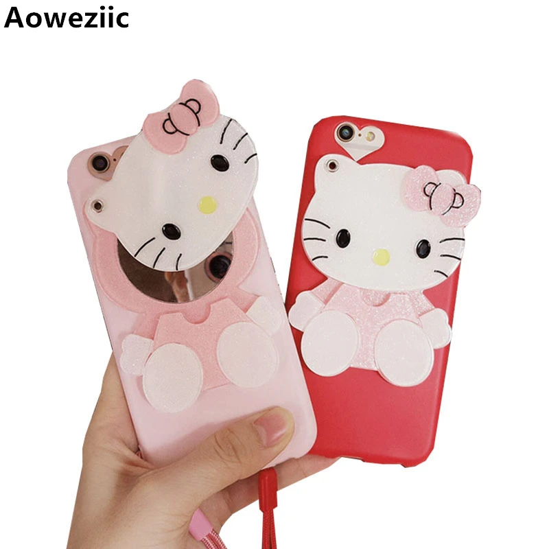 

Aoweziic For iphone6s 7 8plus mobile phone shell full package X XR silicone sleeve XS MAX Lanyard Hello Kitty Cat cartoon mirror
