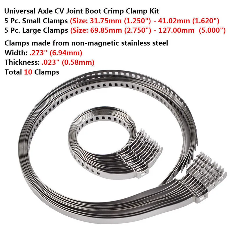 

In stock 10Pcs Universal Adjustable AXLE CV Joint Boot Crimp Clamp Kit 31- 41mm 70- 125mm 5 small + 5 big