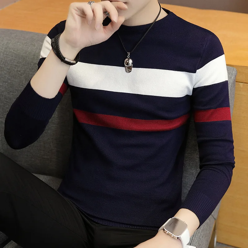

2019 young men stripe long sleeve knit sweater cultivate one's morality leisure turtleneck collar render unlined upper garment
