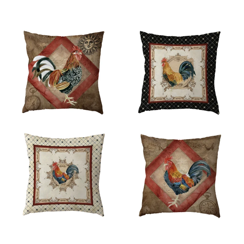 

Vintage Style Cushion Cover 45x45cm Animal Chicken Red Clock Home Sofa Living Room Decoration Polyester Peach Skin Pillow Cases