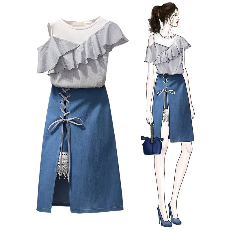 

Striped shirt denim skirt France two piece set women sweat suit set
