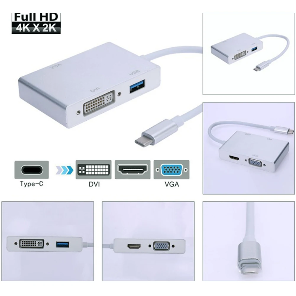 

Type-c To HDMI VGA DVI USB HD Mini Converter Hub Cable 4 In 1 Adapter Multiport Silver