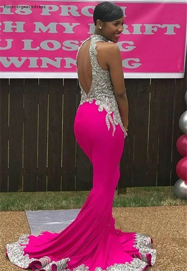 Class of 2K19 Black Girls Backless Prom Dresses Sexy Keyhole High Neck Fuchsia With Silver Appliques Mermaid Long Evening Gowns BC1765  155 (4)
