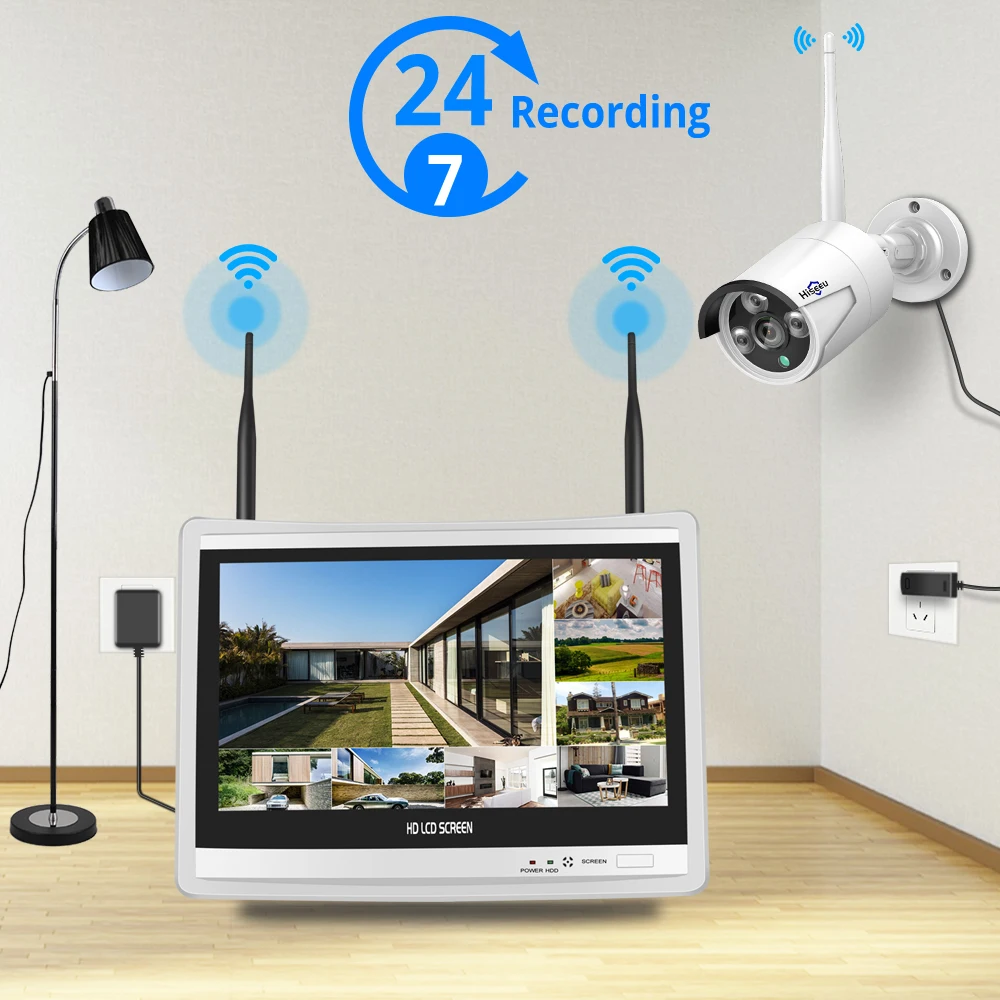  1080P 8CH Wireless CCTV Security Camera System H.265 12 Inch LCD Screen NVR WIFI Outdoor IP Camera 