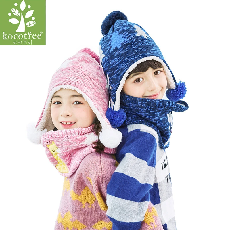 

Kocotree Autumn Winter Children's Caps Kids Warm Knitted Hat with Scarves Mittens Hot Sell for 1-10 Years Old Boys Girls Hat Set