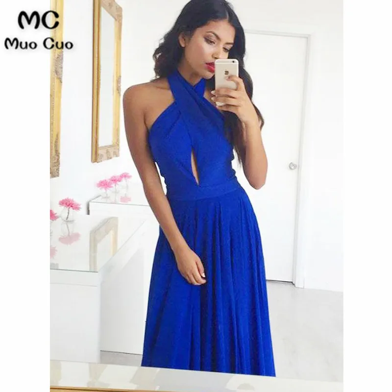 A-Line Cross Neck Backless Floor-Length Royal Blue Chiffon Prom Dress4