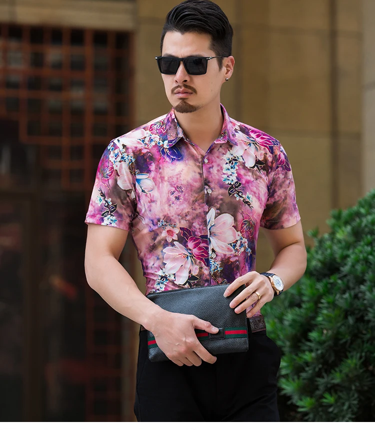 Новый летний стиль мужчины бутик плюс цвета рубашка с короткими рукавами высокого качества тонкий цветы мужские футболки с коротким