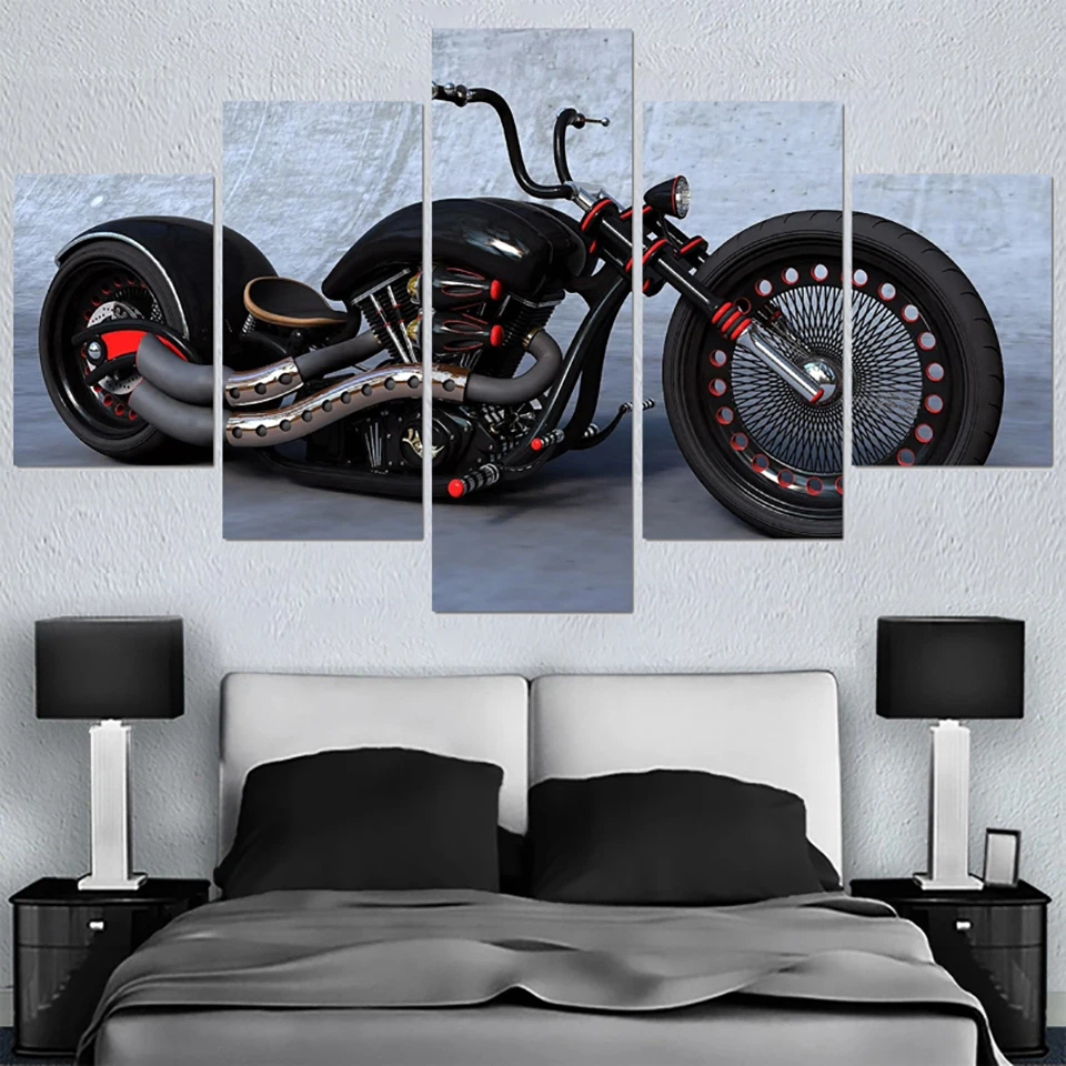 Hd-принт на холсте картина модульные картины 5 панель Черный крутой мотоцикл картина на стене в рамке плакат Современный домашний Декор Гостиная