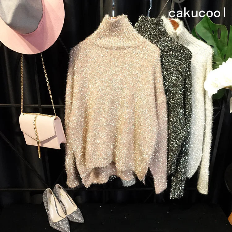 

Cakucool Hot gold lurex Knit Tops Women Sequined Sweaters Long Sleeve Turtleneck Casual Loose Slim Jumpers Pullover Sweater Lady