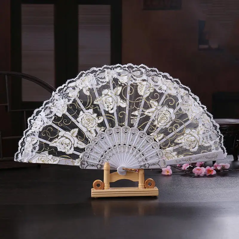 Plastic Colorful Folding Fan Cloth Chinese Style Rose Lace Souvenir