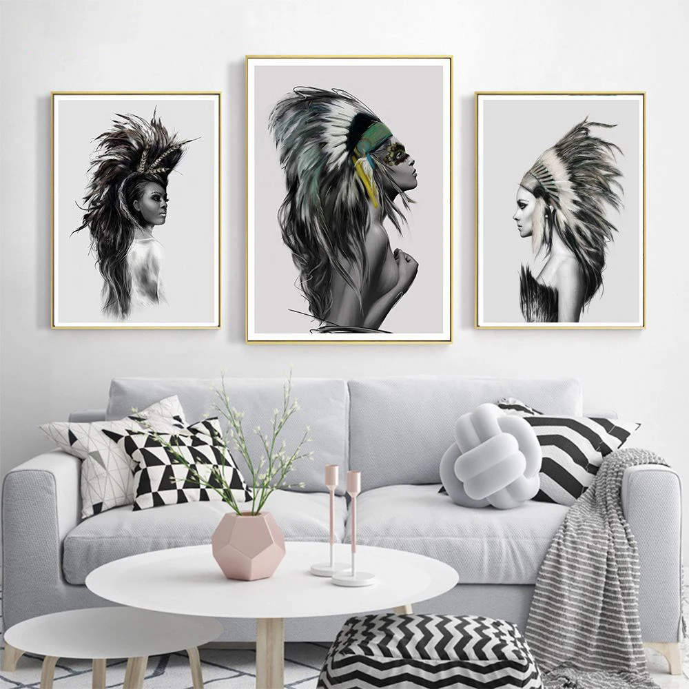 Black and White Indian Women Feather Abstract Canvas Art Print Painting Posters Wall Pictures For Living Room Home Decor