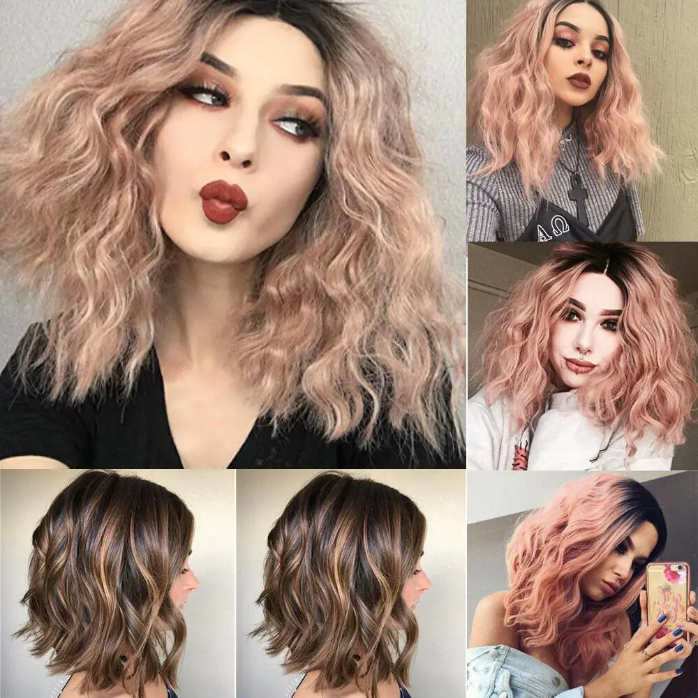 

Women Short Pink/Brown Wave Bob Mesh Human Hair Wigs Wavy Curly Hair Wig