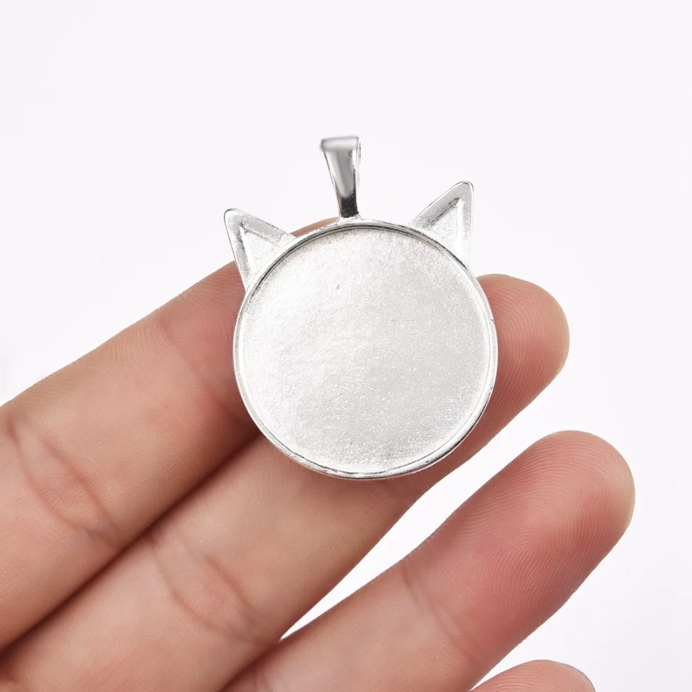 Cat Pendant Cabochon Setting 25mm Flat Round Bezel Gem Blank Base Silver Plated (4)