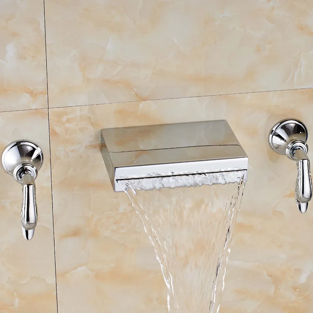 Uythner Newly Fashion Chrome Polish Bathroom Tub Faucet Dual Handles Mixer Tap Valve Wall