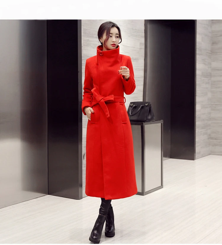 

2018 autumn and winter new women's wool coat long section of pure color belt Slim fashion wool coat