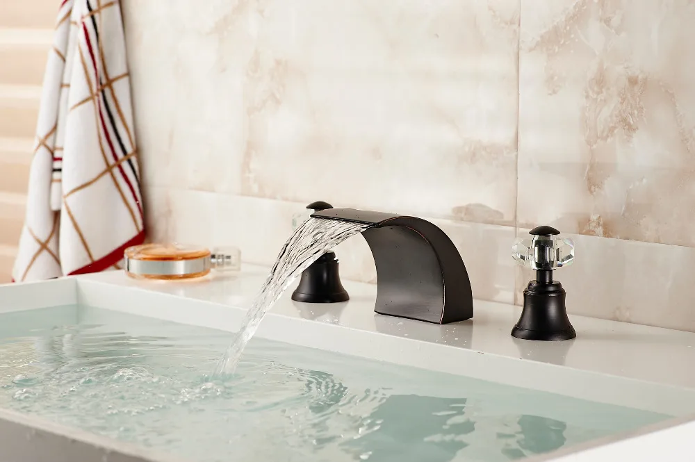 

Oil Rubbed Bronze Waterfall Basin Faucet Vessel Sink Mixer Dual Crystal Handles