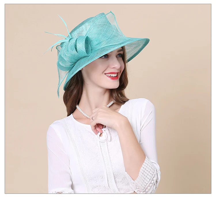 FS Королевский синий Sinamay Дамы шляпы для церкви Лен Fedora элегантный для женщин с большими полями шляпа цветочные дамы свадебные Кентукки Дерби кепки